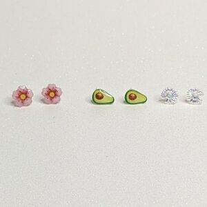 Bundle of 3 925 Sterling Silver Stud Earrings Flowers and Avocado